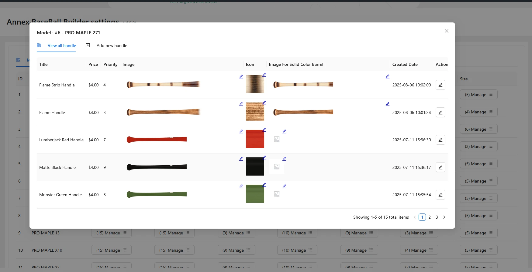 Annex Baseball bat builder handle options with prices and visual assets
