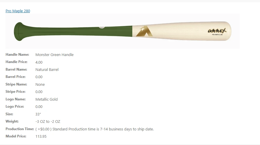 Annex Baseball customized bat configuration summary with selected options