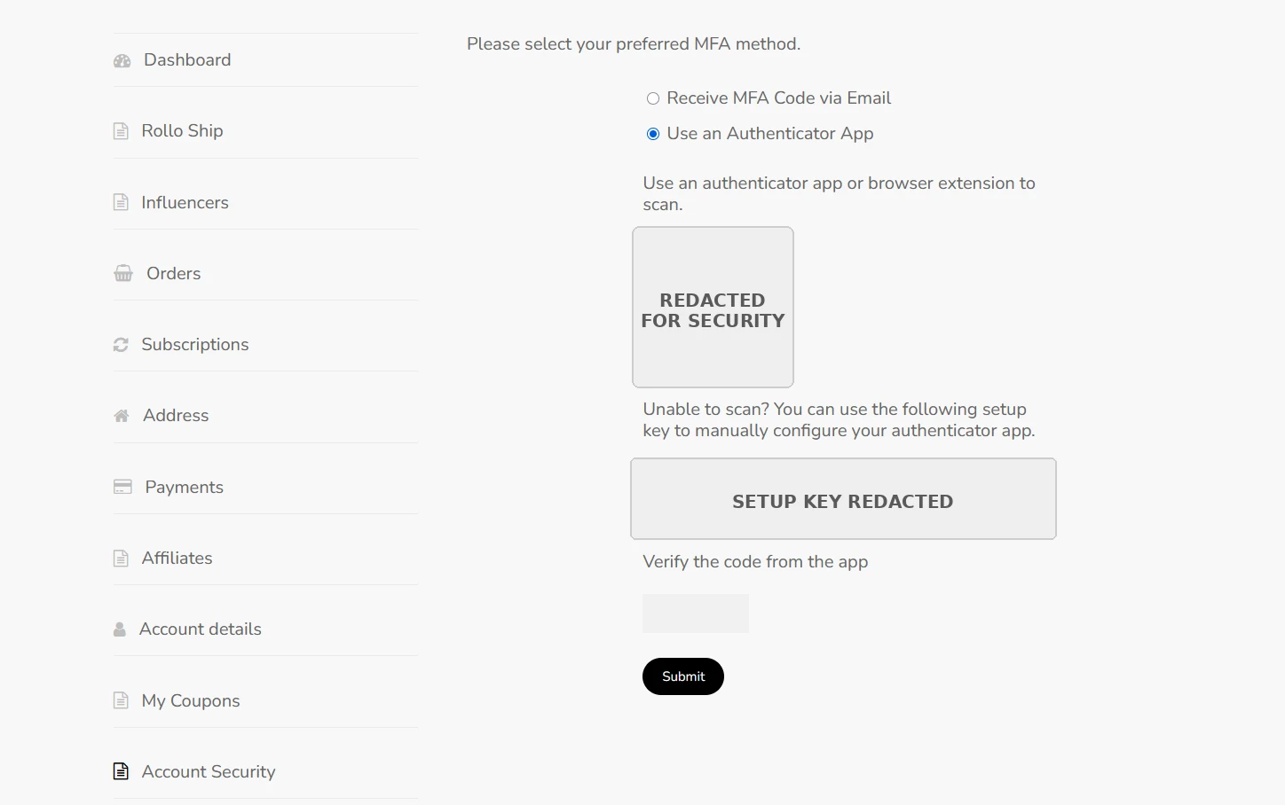 Authenticator app setup with QR code and setup key redacted