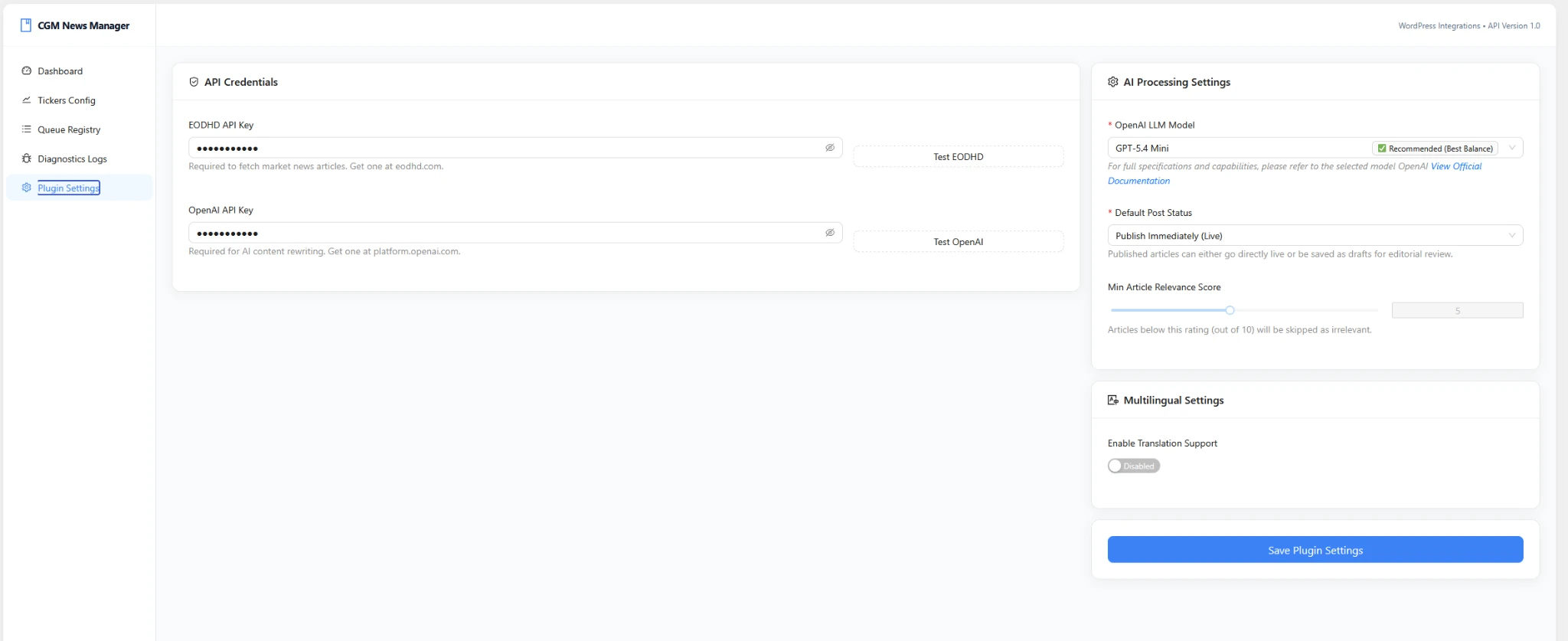 CGM WordPress AI content automation plugin settings for API and multilingual publishing, with API keys masked