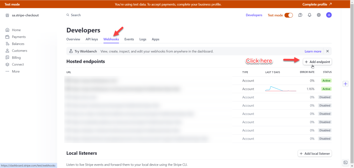 webhook tab and Add endpoint