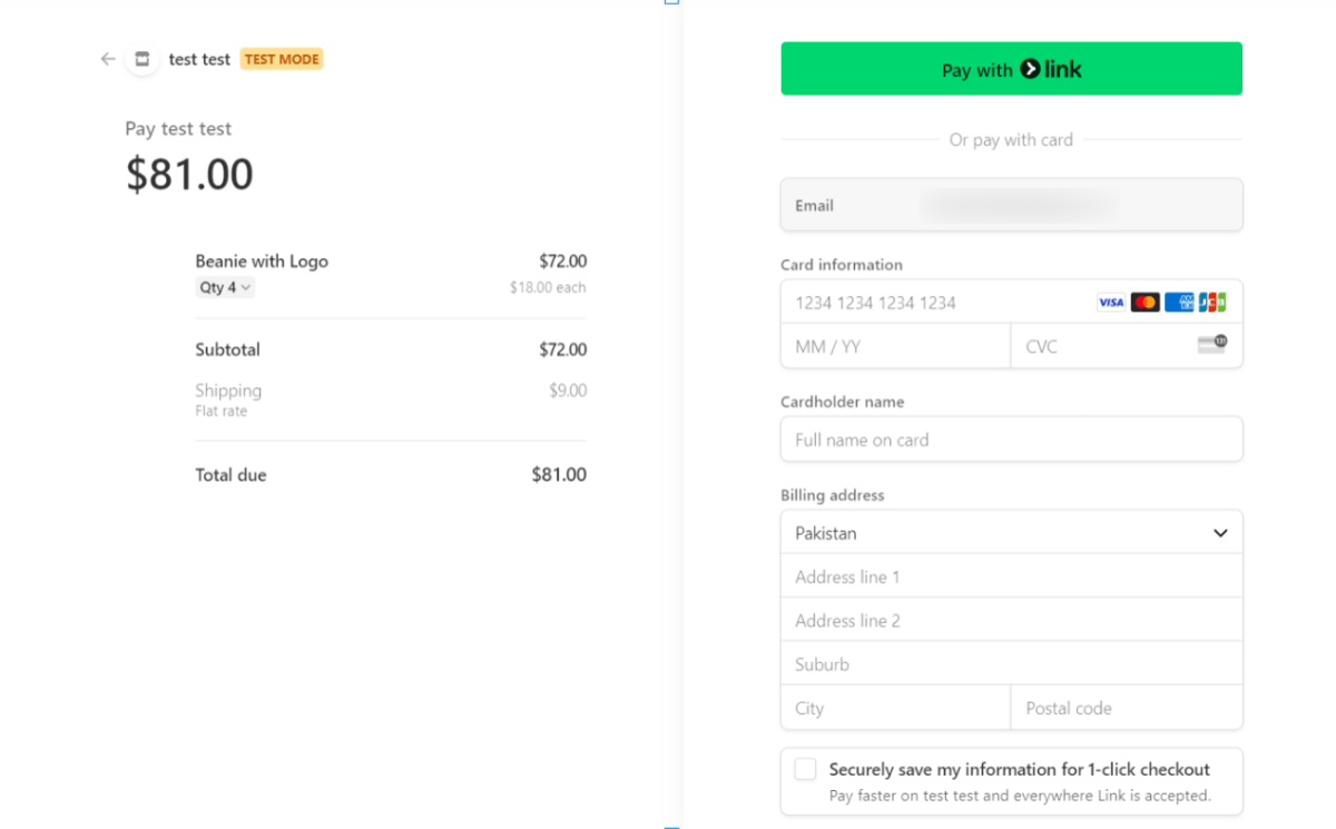 Test mode stripe checkout