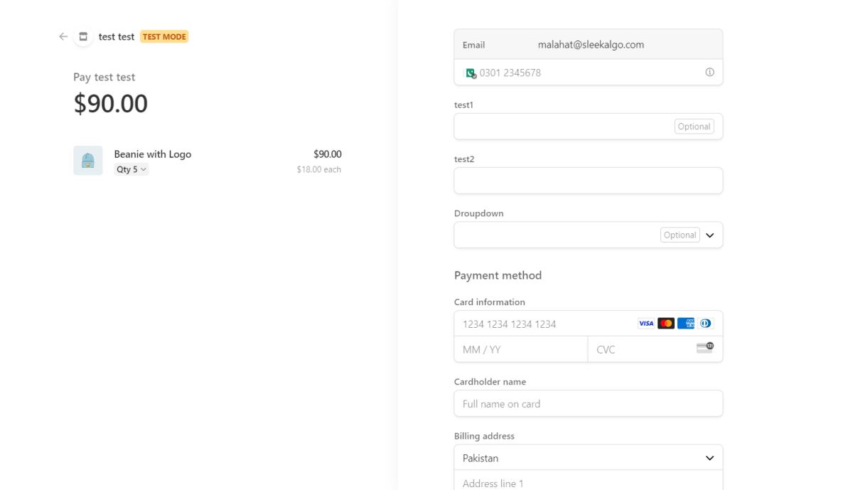 Test mode checkout page