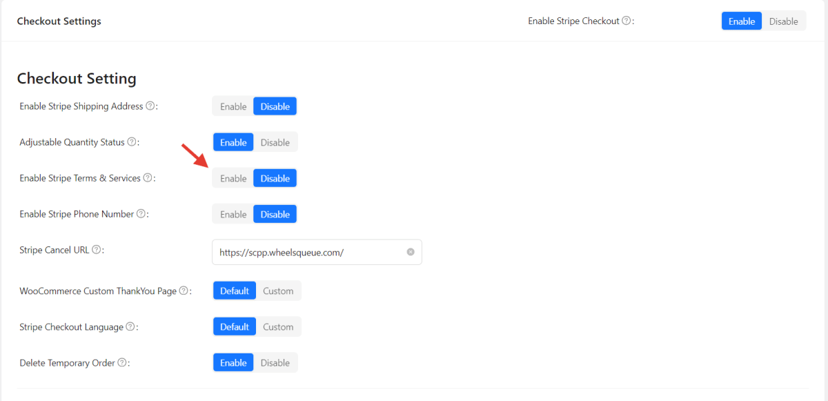 Enable Stripe Terms & Services