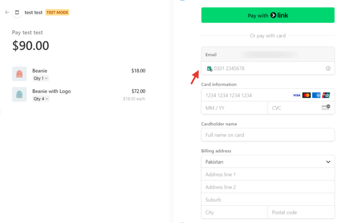 Checkout page phone number place