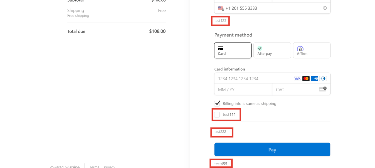 Chekout page showing options