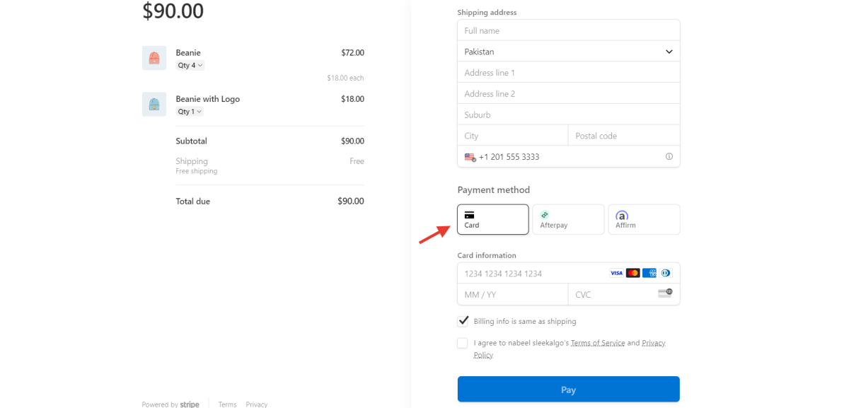 Custom payment methods in checkout