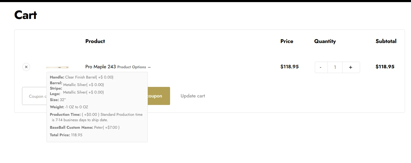 WooCommerce cart showing configured Annex Baseball bat options and pricing