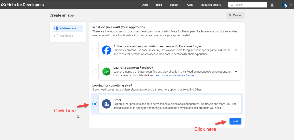 Create App select Business