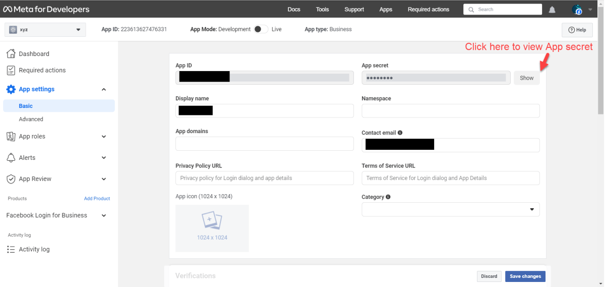 App Secret field in order to reveal App Secret