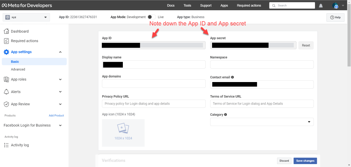 Note the App ID and App Secret