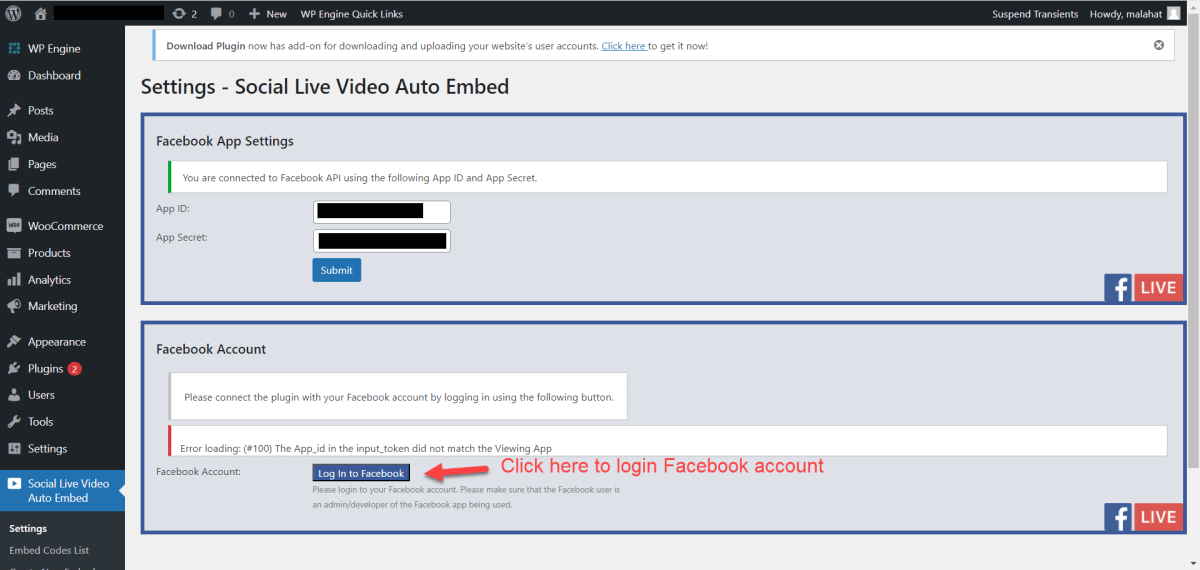 Settings menu login into Facebook
