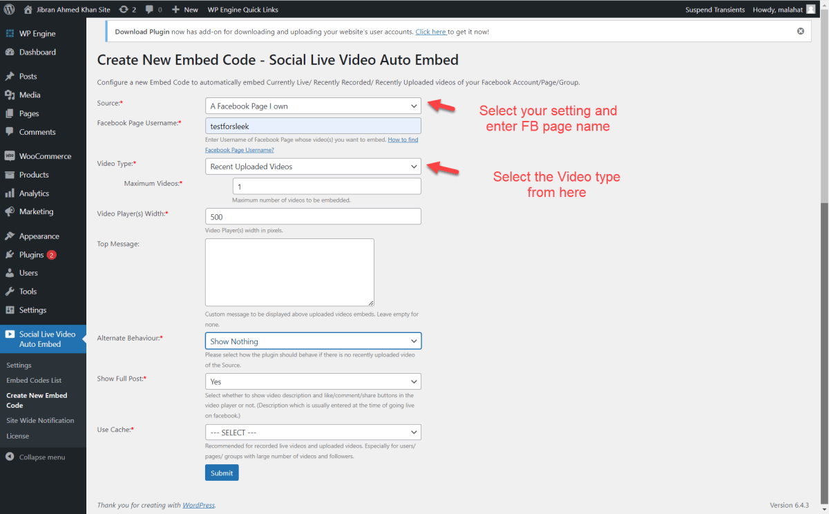 Select your setting enter fb page name