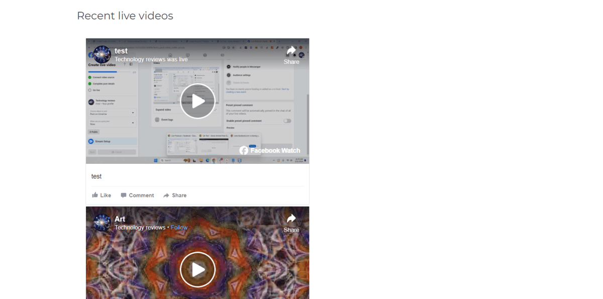 recently recorded live videos embedded