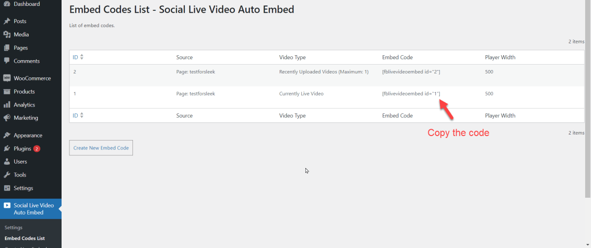 Embed Codes List page